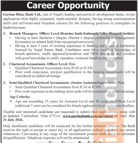 Garima Bikas Bank Opens Applications for Officer-Level and Executive Positions