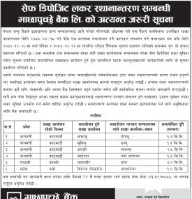 सेफ डिपोजिट लकर स्थानान्तरण सम्बन्धी माछापुच्छे बैंकको अत्यन्त जरूरी सूचना