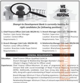 Shangri-la Development Bank Announces Vacancy for CFO, Branch Managers and Relationship Manager
