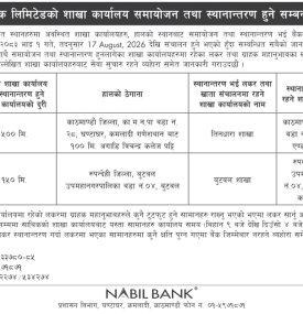 नबिल बैंक लिमिटेडको शाखा कार्यालय समायोजन तथा स्थानान्तरण हुने सम्बन्धी सूचना