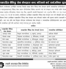 Laxmi Sunrise Bank Closes 9 Branchless Banking Service Centers -