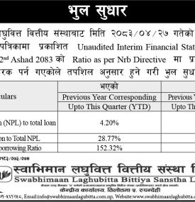 स्वाभिमान लघुवित्तको वित्तीय विवरणमा भुल सुधार गरिएको बारे सूचना