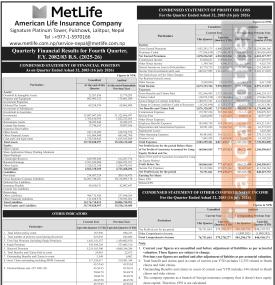 मेटलाइफ नेपालको खुद नाफा ८४.८२ करोडबाट घटेर ३७.९२ करोडमा झर्‍यो - Q4 Report -
