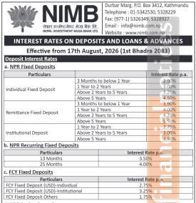 NIMB Raises Remittance Fixed Deposit Rates to 5.50% Effective August 17 -
