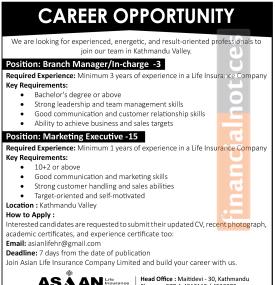Asian Life Insurance Announces 18 Vacancies in Kathmandu Valley