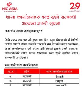 एनआइसी एशिया बैंकको शाखा कार्यालयहरू बन्द रहने सम्बन्धी  सूचना