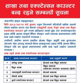 भोटेकोशी बाढीको असर: नेपाल इन्भेष्टमेन्ट मेगा बैंकको विभिन्न शाखाहरु तथा एक्स्टेन्सन काउन्टर बन्द