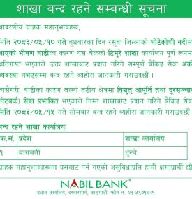 नबिल बैंकको निम्न शाखा बन्द रहने सम्बन्धि सूचना 