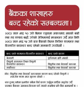 बाढी र जोखिमका बैंकका शाखा र काउन्टर बन्द सम्बन्धी सूचना