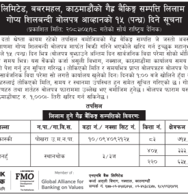 बबारमहल काठमाडौँमा रहेको गैह्र बैंकिङ सम्पत्ति लिलाम बिक्री सम्बन्धी एनएमबि बैंकको १५ दिने सूचना -