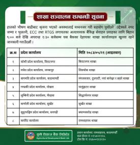 शाखा कार्यालय खुल्ला रहने बारे कृषि विकास बैंकको सूचना 