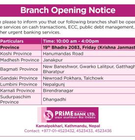 Prime Bank Holiday Branch Opening Notice-