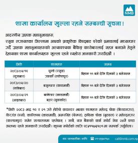 NMB बैंकको शाखा कार्यालय खुला रहने सम्बन्धी सूचना 