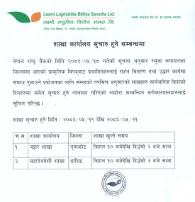 सार्वजनिक विदामा समेत शाखा कार्यालय सुचारु हुने सम्बन्धी सूचना