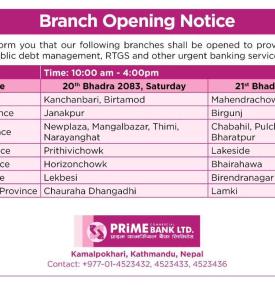 Prime Bank Holiday Counter Opening Notice 