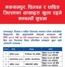 सार्वजनिक बिदाको दिन कुन कुन जिल्लाका शाखा कार्यालय खुला रहन्छन् ?