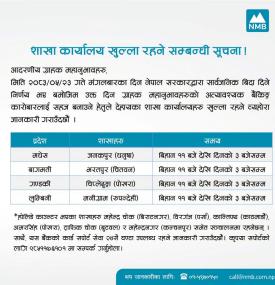 शाखा कार्यालय खुल्ला रहने सम्बन्धी NMB बैंकको सूचना