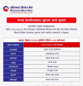 शाखा कार्यालयहरू खुल्ला रहने सम्बन्धी मुक्तिनाथ विकास बैंकको सूचना  