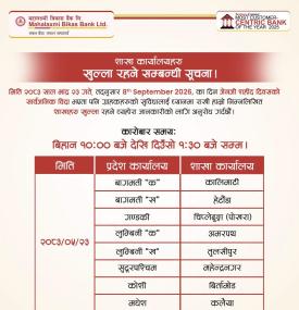शाखा कार्यालयहरू खुल्ला रहने सम्बन्धी महालक्ष्मी विकास बैंकको सूचना 