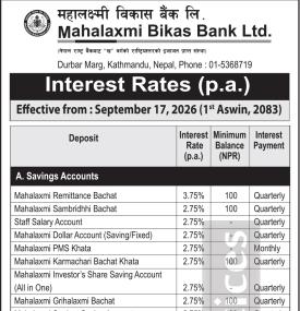 Mahalaxmi Bikas Bank Publishes Updated Interest Rates Effective September 17, 2026