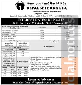 Nepal SBI Bank Announces New Deposit Interest Rates Effective from Ashoj 1