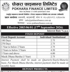 पोखरा फाइनान्सको व्याजदर परिवर्तन सम्बन्धी सूचना