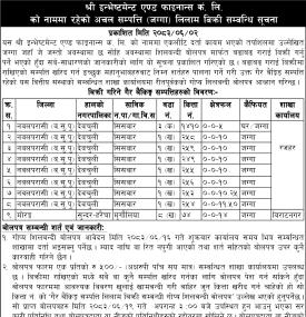 श्री इन्भेष्टमेन्ट एण्ड फाइनान्सको नाममा रहेको अचल सम्पत्ति (जग्गा) लिलाम बिक्री सम्बन्धि सूचना