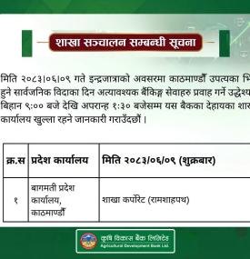 शाखा सञ्चालन सम्बन्धी कृषि विकास बैंकको सूचना