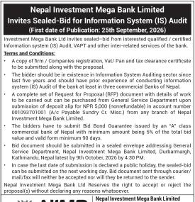 Nepal Investment Mega Bank Invites Sealed-Bid for Information System (IS) Audit