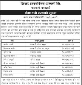 भोटेकोशी बाढीबाट प्रभावित बीमितका लागि शिखर इन्स्योरेन्सको बीमा दाबीसम्बन्धी सूचना