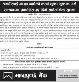 ऋणीलाई भाखा नाघेको कर्जा चुक्ता भुक्तान गर्ने सम्बन्धमा प्रकाशित ३५ दिने सार्वजनिक सूचना