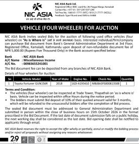 NIC ASIA Bank Invites Sealed Bids for Auction of Toyota Fortuner