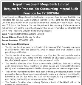 Request for Proposal for Outsourcing Internal Audit Function for FY 2083/84
