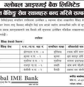 Global IME Bank to Close Five Branchless Banking Service Centers
