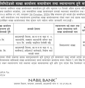 Nabil Bank Announces Relocation of Bhatbhateni and Maligaun Branches