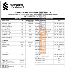 Standard Chartered Bank Nepal Announces Revised Deposit and Lending Rates from 18 October 2026