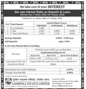 Goodwill Finance Announces New Deposit and Loan Interest Rates for Kartik 2083