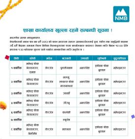दशैंक बिदामा एनएमबी बैंकको शाखा कार्यालय खुल्ला रहने सम्बन्धी सूचना 