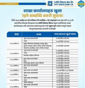 ज्योति विकास बैंकको दशैं बिदामा खुल्ला रहने शाखा सम्बन्धमा जरुरी सूचना -