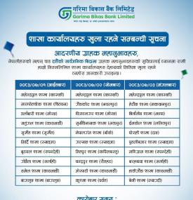 Garima Bikas Bank Issues Notice on Branch Office Operations During Dashain Holidays