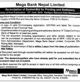 Re-Invitaton of sealed Bids