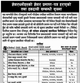 शेयर प्रमाणपत्र हराएको तथा हकदावीको सूचना