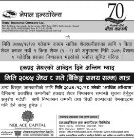 हकप्रद शेयरको आवेदन दिने अन्तीम म्याद