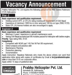 Job Vacancy at (Prabhu Helicopter is under the umbrella of the PRABHU GROUP)