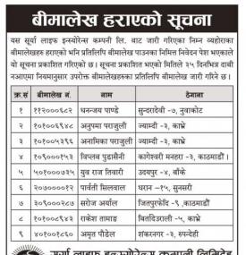 बीमालेख हरायको सूचना