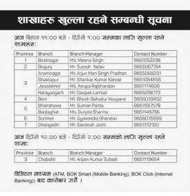 शाखाहरु खुल्ला रहने सूचना