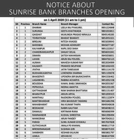 Sunrise बैंकको शाखाहरु खुल्ला रहने सूचना