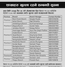 BOK का शाखाहरु खुल्ला रहने सूचना