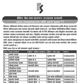 बैंकिङ सेवा तथा काउन्टर संचालन सम्बन्धी सूचना