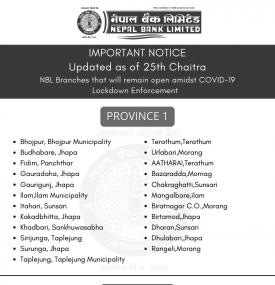 नेपाल बैंकको आज खुल्ला रहने शाखाहरु (प्रदेश १–७)
